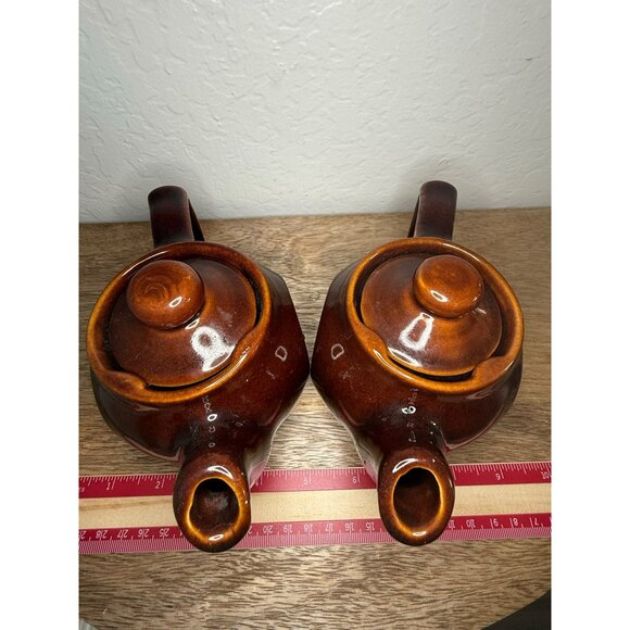 Vintage 1950s Brown Drip Glaze Personal Tea Pots With Lids - Set Of 2 - Made In - Picture 2 of 15